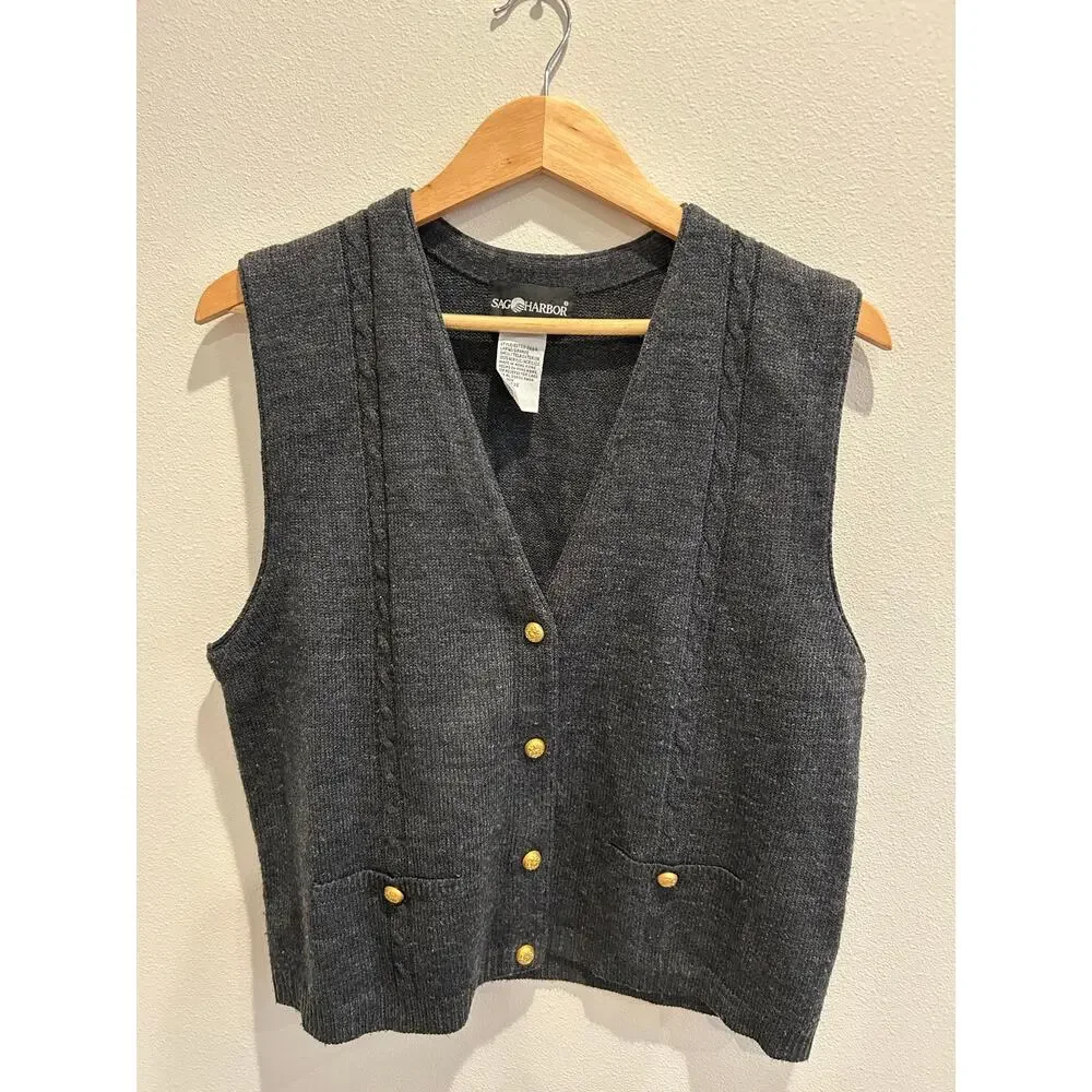 Vintage Sag Harbour dark grey gold button v neck sweater vest sz M-L - Picture 4 of 8